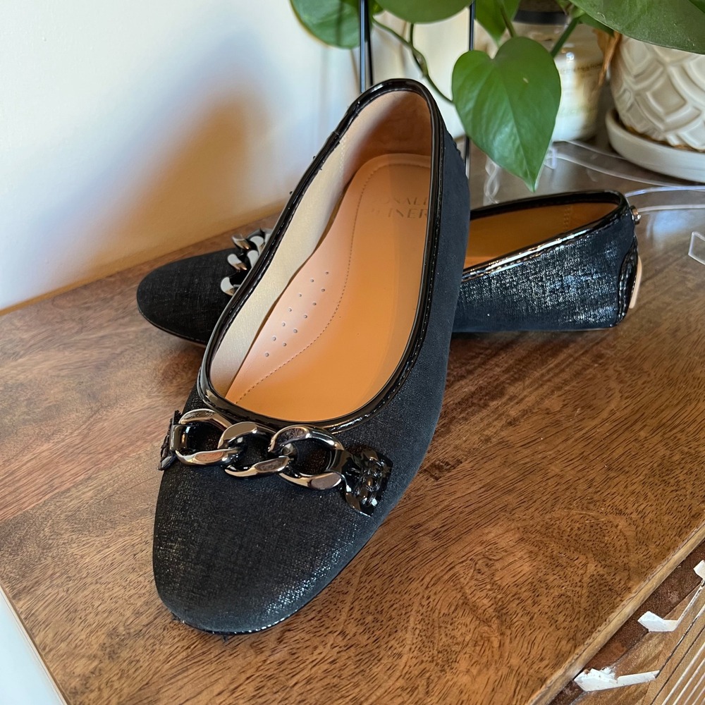 Donald Pliner Rays Black Sparkle Chain Detail Ballet Flats Women Size 8.5 Dressy